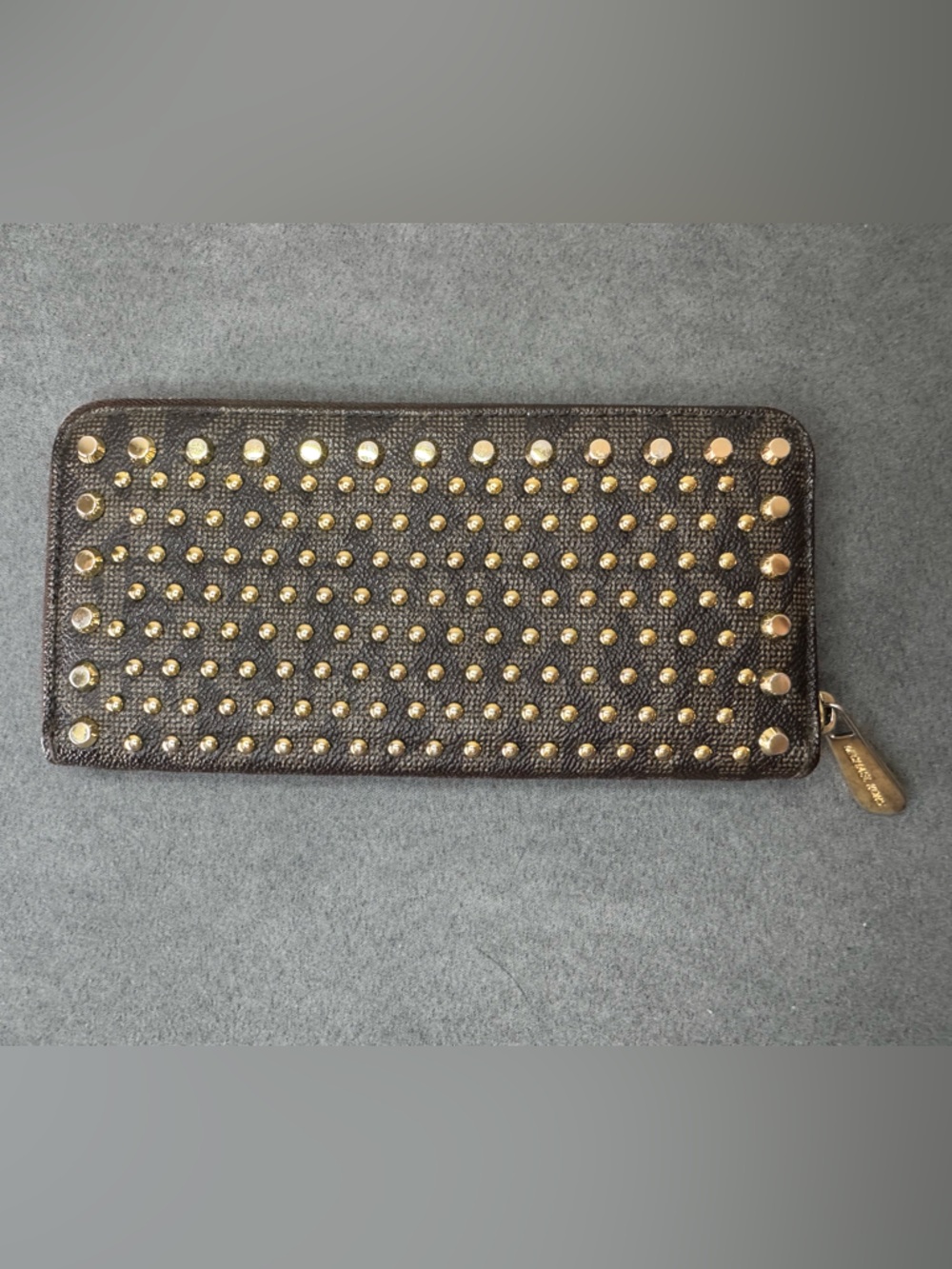 Michael Kors Studded Wallet Brown Gold Zip Around Leather Accordion Wallet